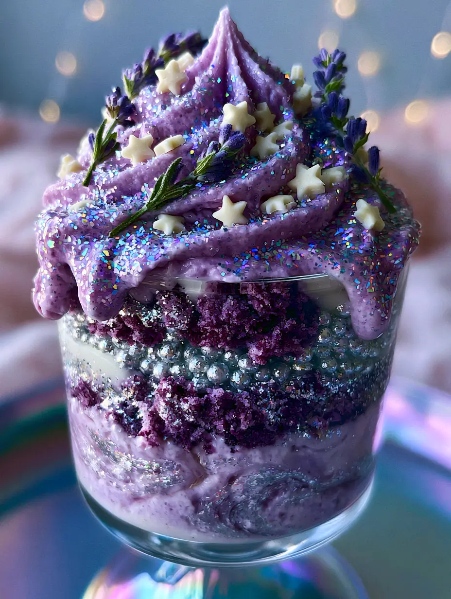 Close-up of the staaaarshineeee layers showing purple velvet cake crumbs and iridescent honey. (staaaarshineeee)