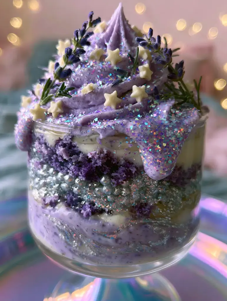 Aesthetic smartphone photo of the staaaarshineeee with holographic glitter and lavender sprigs. (staaaarshineeee)