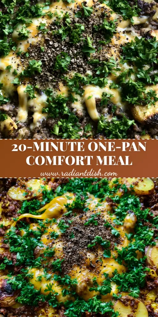 A rustic black cast iron skillet filled with bubbling cheesy ground beef and golden-brown potato slices (ground beef dinners).