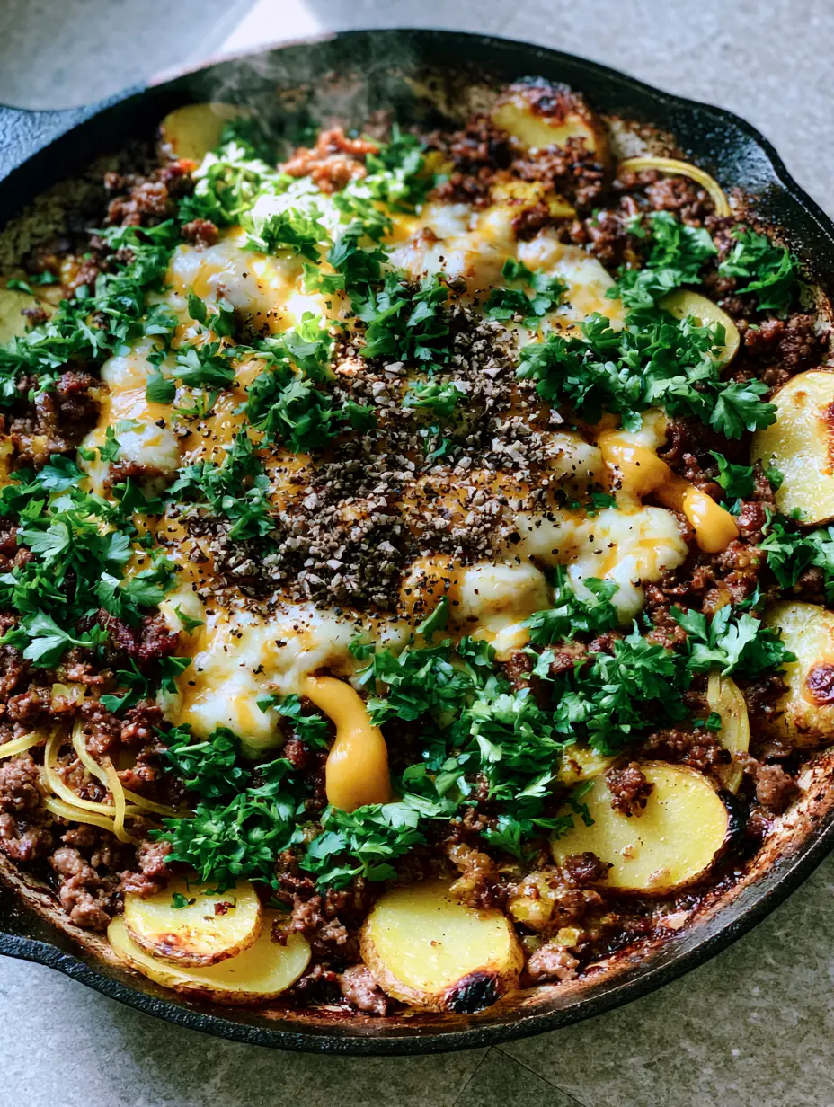 Top-down view of seared ground beef and thinly sliced potatoes with charred edges in a skillet (ground beef dinners).