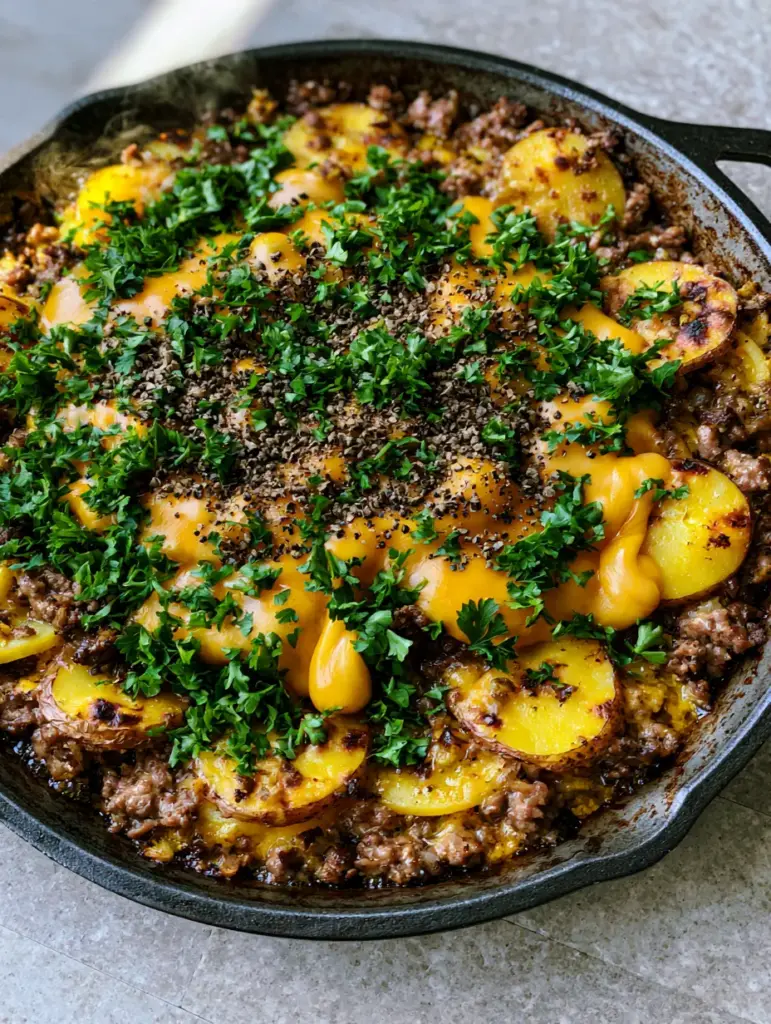 Close-up of melted cheddar cheese pulling away from a ground beef and potato mixture garnished with parsley.