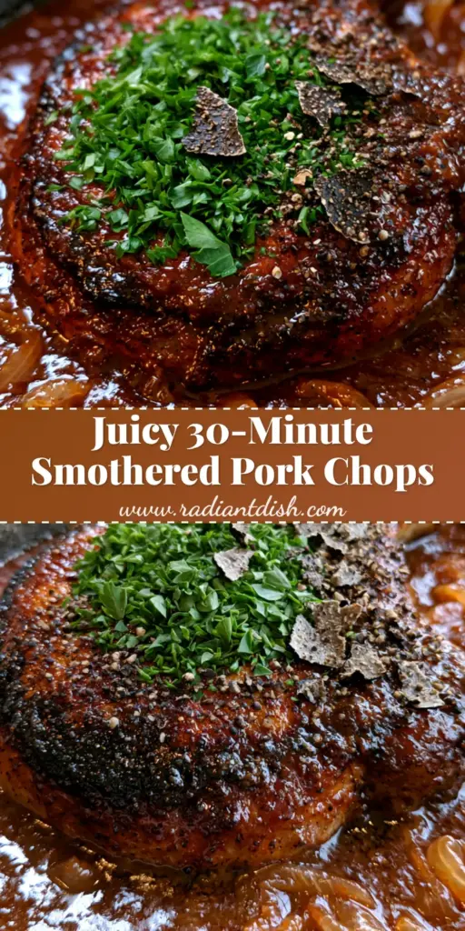 A thick bone-in pork chop with a dark golden-brown crust smothered in thick mahogany onion gravy in a cast iron skillet. (smothered pork chops recipe)