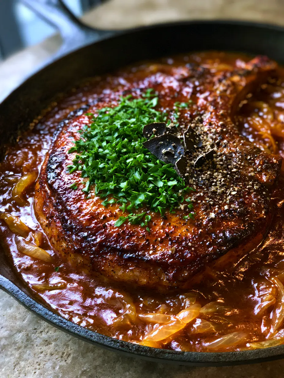 Close-up handheld photo of a seared pork chop in glossy mahogany gravy with fresh parsley and coarse pepper. (smothered pork chops recipe)
