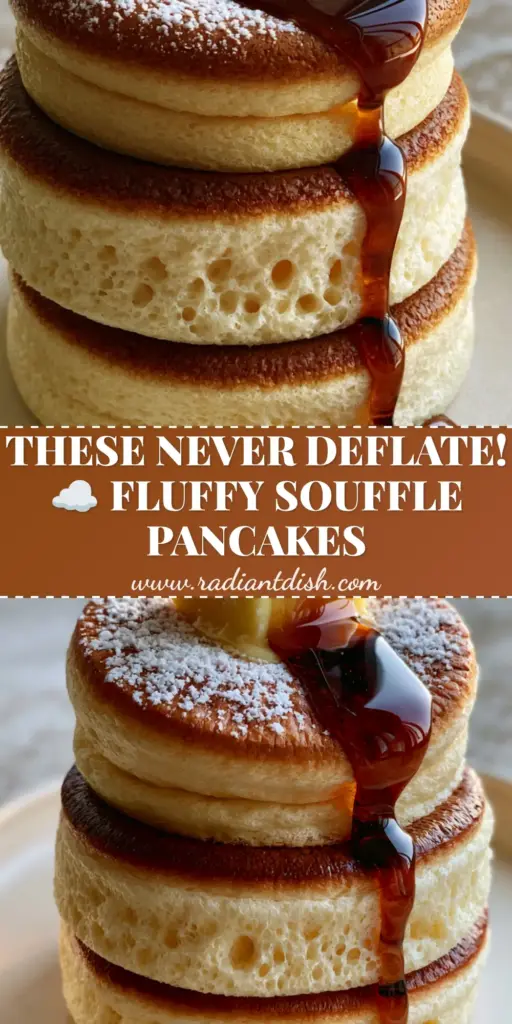 A tall stack of three 3-inch souffle pancakes with melting salted butter and maple syrup on a matte cream plate. (souffle pancakes)
