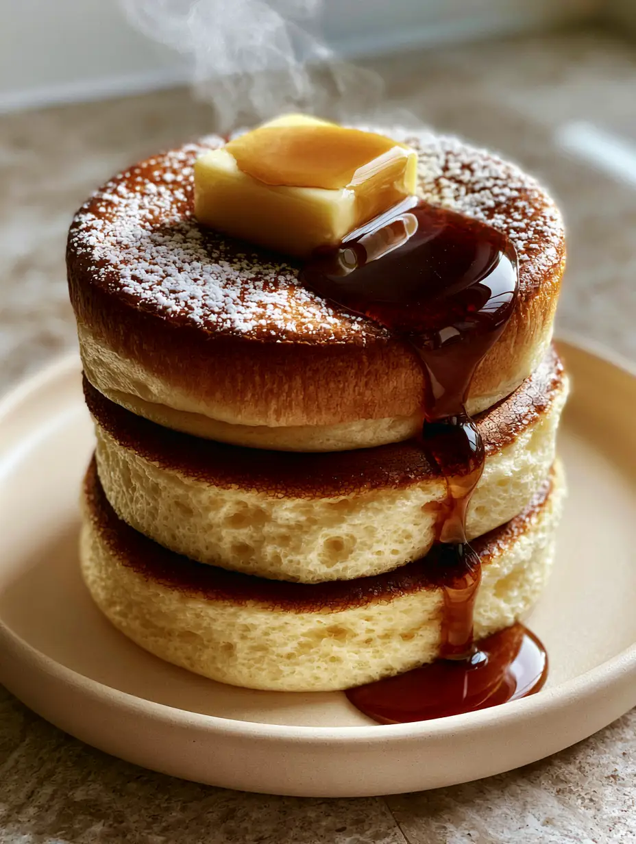 Close up of souffle pancakes showing the pale airy sides and golden seared tops. (souffle pancakes)