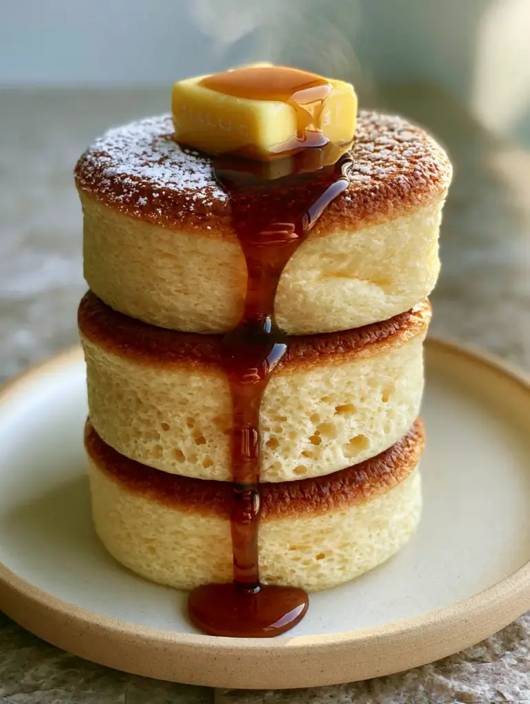 A stack of souffle pancakes on a ceramic plate with syrup glistening in the morning sun.