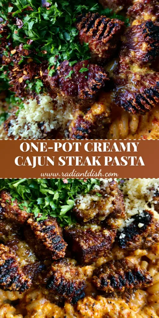 An overhead shot of a cast iron skillet containing Cajun Steak Tips Pasta with charred sirloin, orange cream sauce, and fresh parsley.