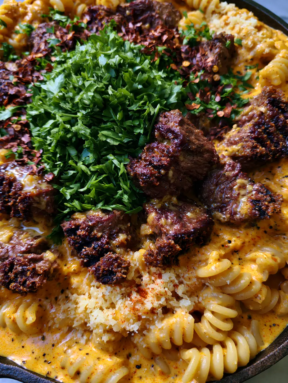 Extreme close-up of seared mahogany steak tips and fusilli pasta in a vibrant orange Cajun cream sauce. (Cajun Steak Tips Pasta)