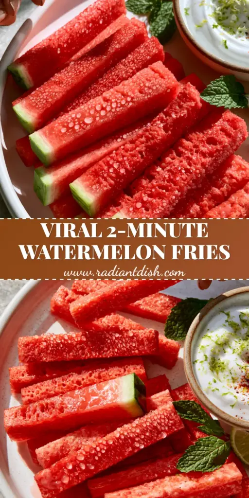 A close-up of vibrant ruby red Cut Watermelon Sticks arranged on a white platter with coconut yogurt dip and Tajin seasoning.