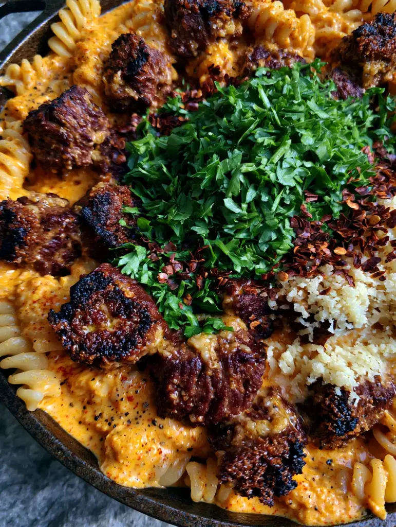 A mountain of fresh parsley and grated parmesan cheese melting into Cajun Steak Tips Pasta.