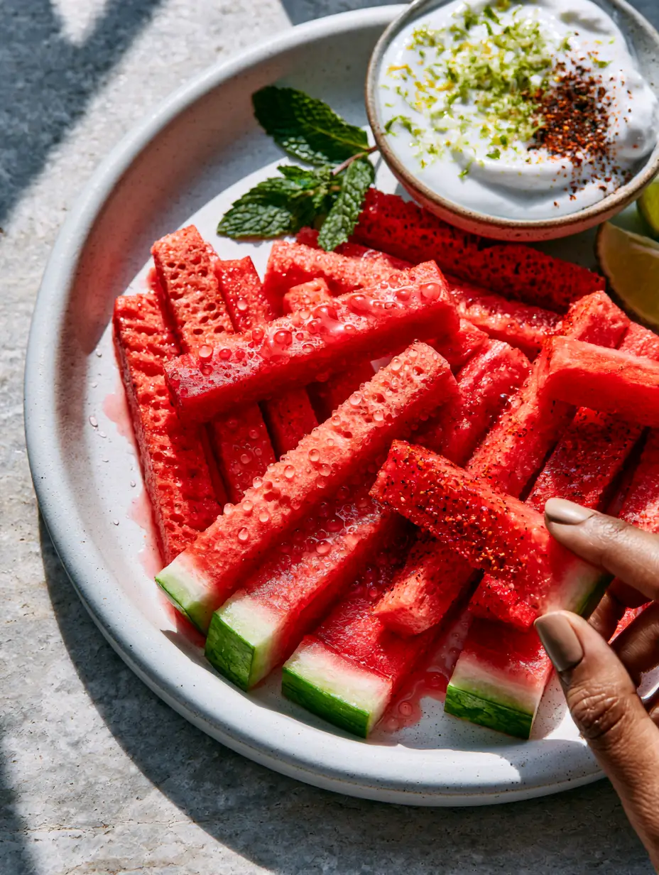A handheld photo of a rectangular watermelon stick being lifted from a platter, showing microscopic juice beads and a green rind base. (Cut Watermelon Sticks)