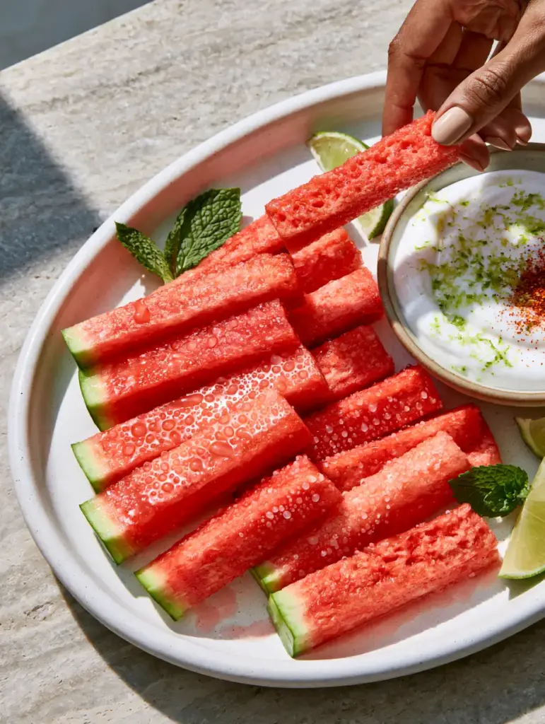 A high-angle shot of uniform watermelon sticks on a white ceramic plate next to a bowl of zesty coconut yogurt. (Cut Watermelon Sticks)