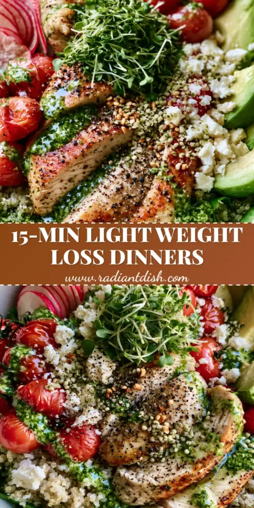 A vibrant healthy dinner bowl with seared lemon-herb chicken, quinoa, and avocado wedges. (light dinner ideas)