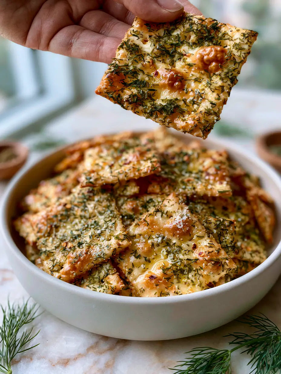 A heap of golden-brown seasoned saltines in a white ceramic bowl with fresh dill. (Dill Pickle Saltines)