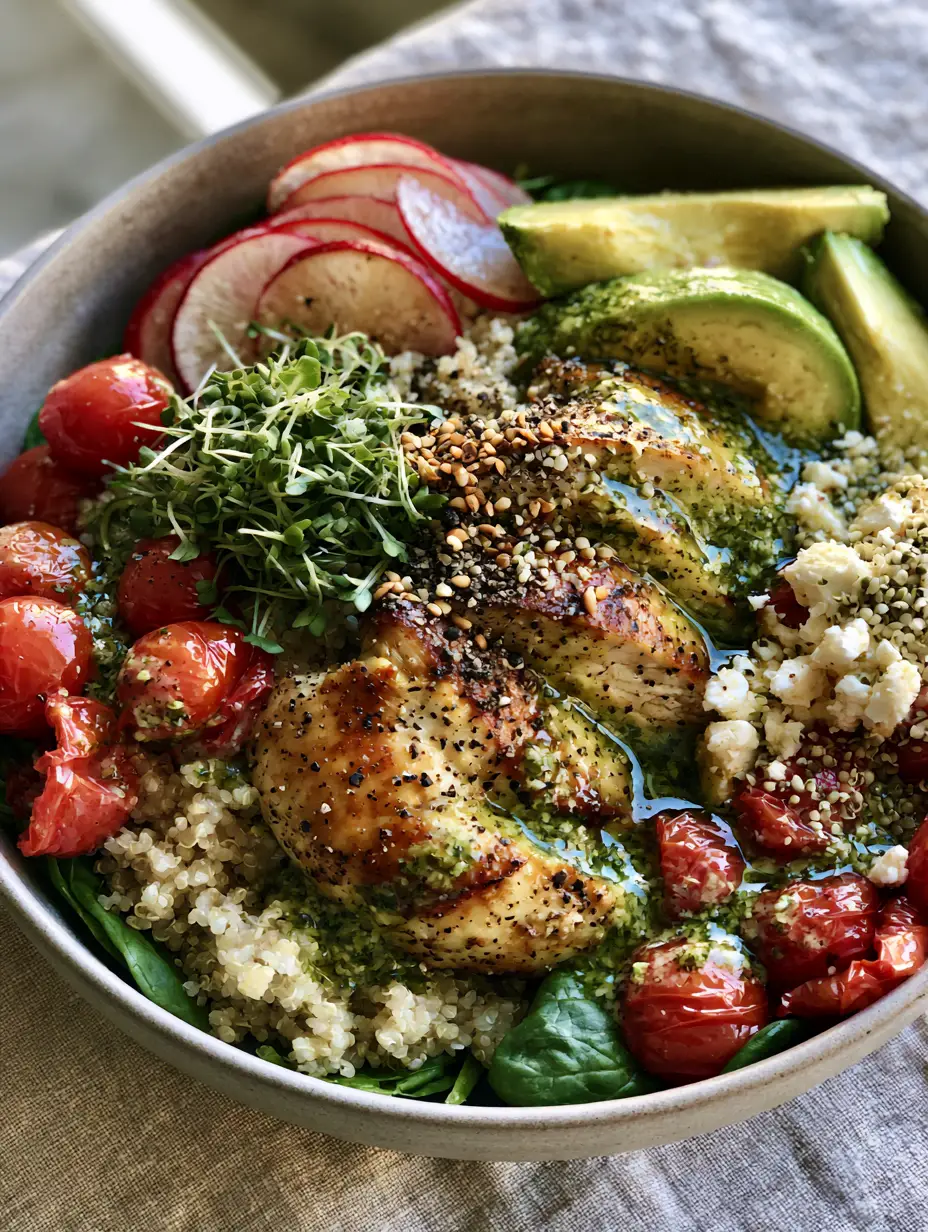 Close-up of seared lemon-herb chicken breast slices on a bed of fluffy quinoa. (light dinner ideas)