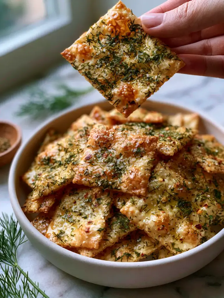 Top view of seasoned saltine crackers glistening with butter glaze and red pepper flakes. (Dill Pickle Saltines)