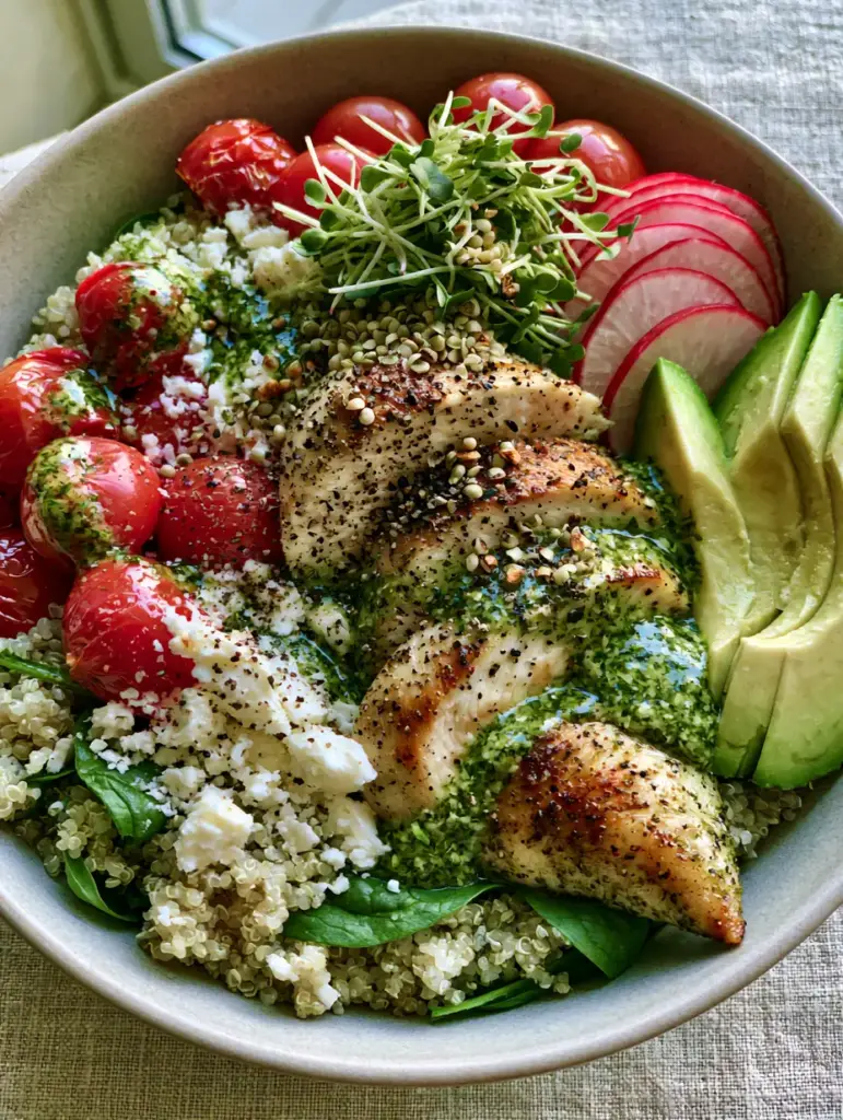 A top-down view of a Mediterranean-style dinner bowl with blistered tomatoes and feta cheese.