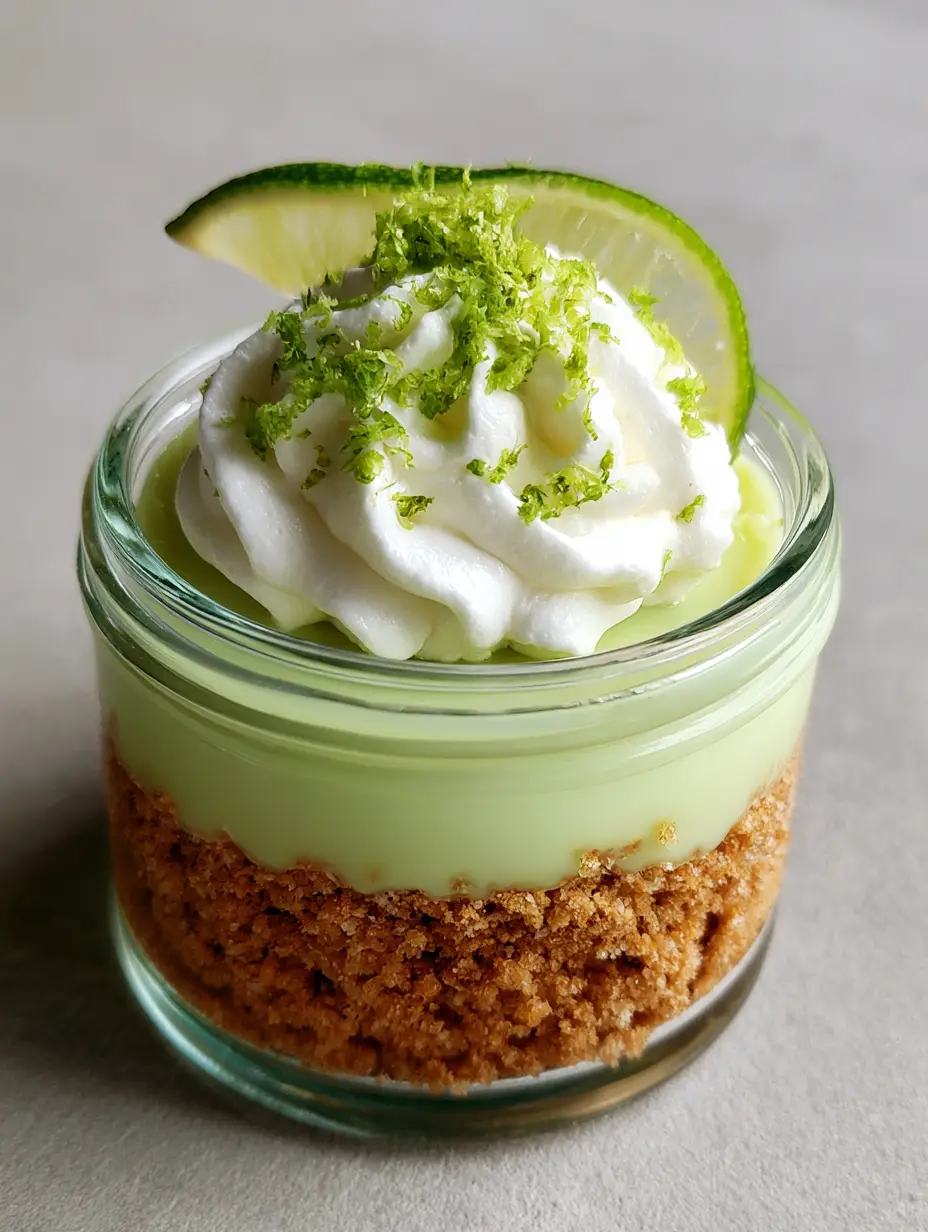 Small glass jar with thick golden graham crust and pale green lime custard. (key lime pie jars)
