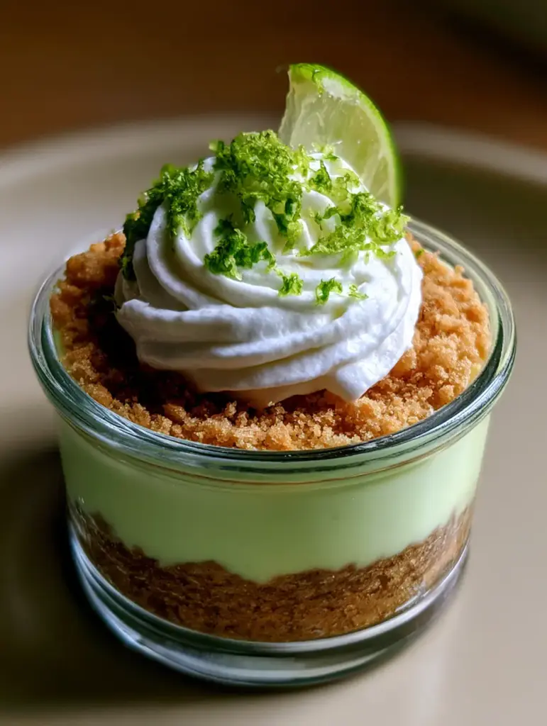 Macro detail of stiff whipped cream swirl and lime zest on key lime pie jars.