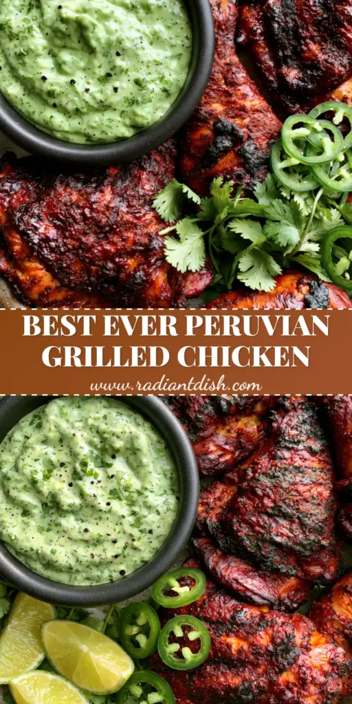 A rustic platter of Peruvian Grilled Chicken thighs with mahogany char marks, lime wedges, and a bowl of green Aji Verde sauce.