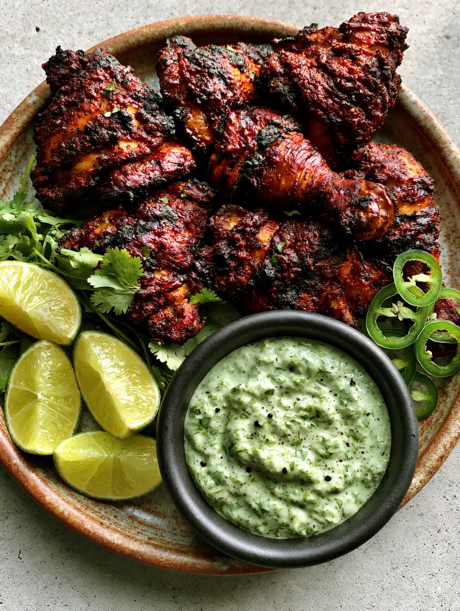 Top-down view of charred Peruvian Grilled Chicken thighs on a grey ceramic plate with jalapeño rings. (Peruvian Grilled Chicken)