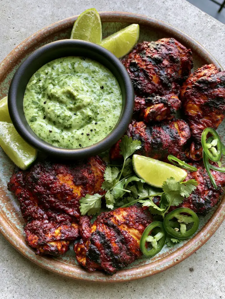 Close-up of a matte black bowl filled with pale green Aji Verde sauce next to grilled chicken.
