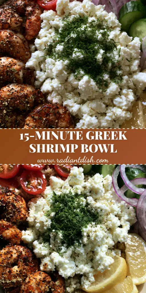 A top-down view of a Greek Shrimp Mediterranean Bowl featuring seared jumbo shrimp, fluffy quinoa, and fresh feta with dill in a white bowl.