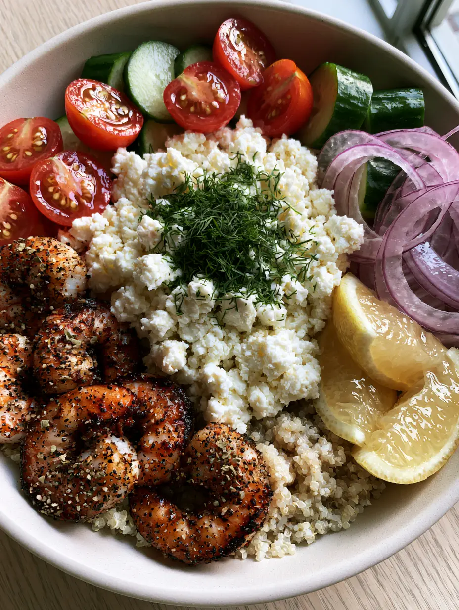 Macro shot of seared jumbo shrimp with a bronze crust and fresh cucumbers in a Greek Shrimp Mediterranean Bowl.