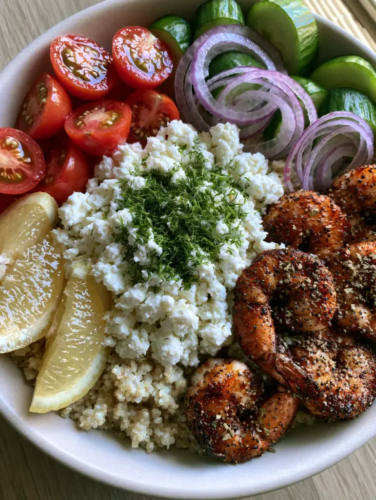 Overhead photo of a Mediterranean bowl with quinoa, chunky feta, and juicy lemon wedges.