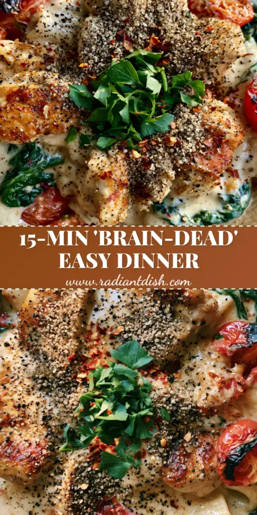 A top-down photo of a cast iron skillet with creamy Tuscan chicken pasta, featuring golden chicken and charred tomatoes. (easy dinner ideas)