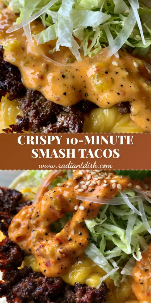 A handheld Smash Taco showing a charred tortilla, crispy smashed beef with jagged edges, melted American cheese, and a drizzle of orange sauce with relish and sesame seeds. (Smash Tacos)