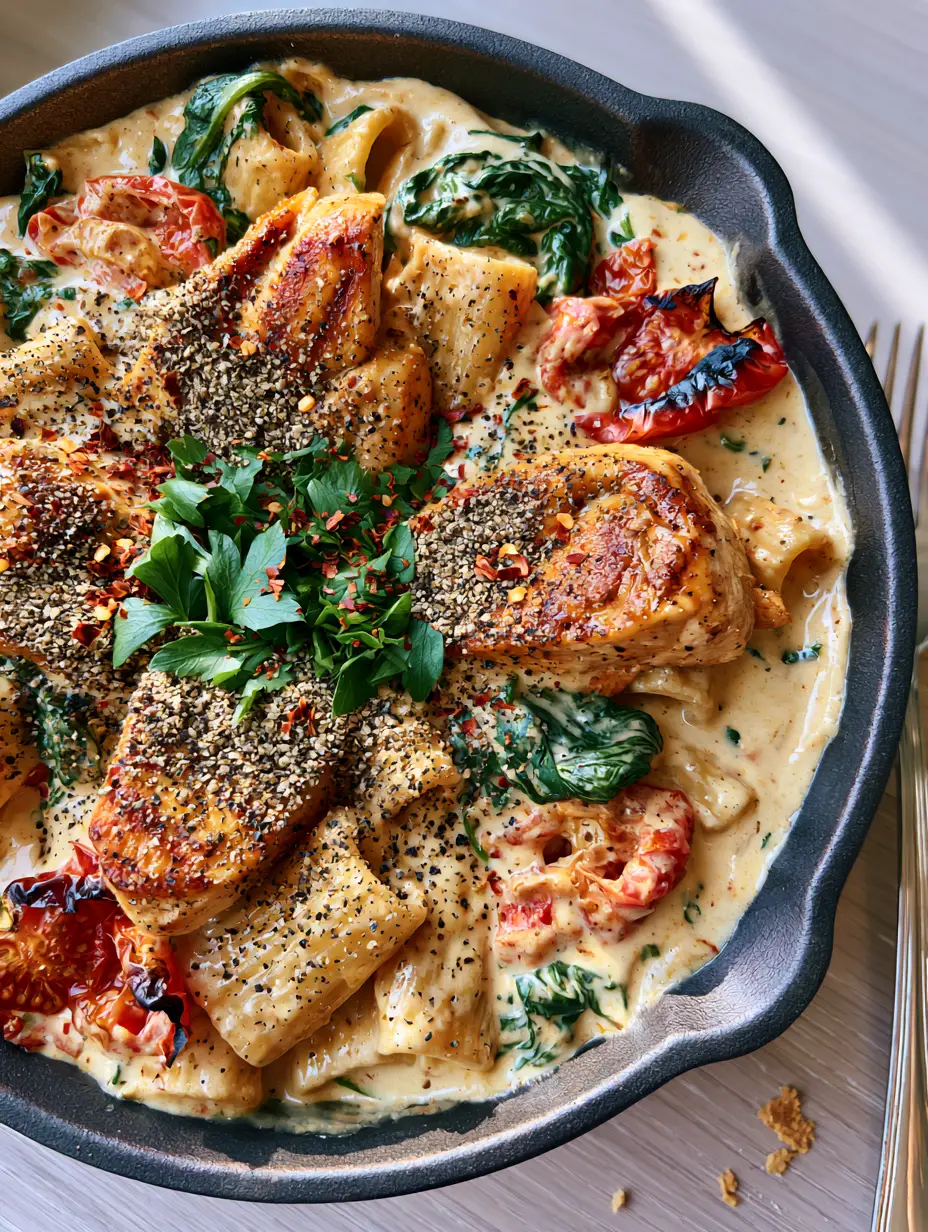 Close-up of seared chicken breast slices in a glossy parmesan sauce with rigatoni and wilted spinach. (easy dinner ideas)