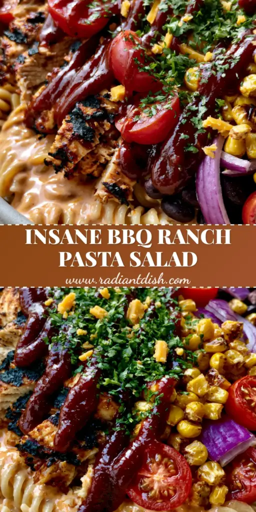 A top-down view of a BBQ Chicken Pasta Salad in a white bowl, showing grilled chicken with char marks, corn, and a mahogany BBQ drizzle. (BBQ Chicken Pasta Salad)