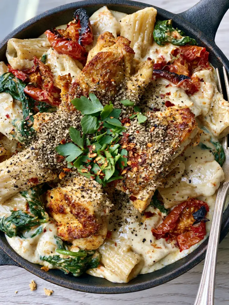 Top-down view of rustic cast iron skillet filled with Tuscan pasta, garnished with parsley and red chili flakes.