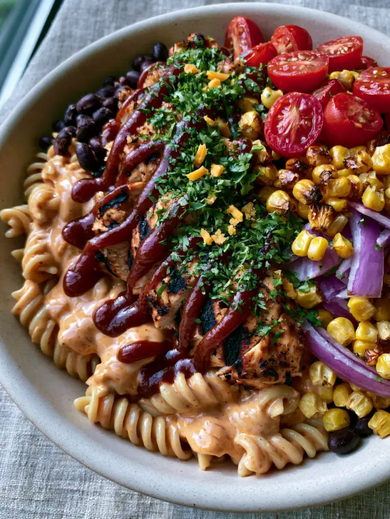 A wide shot of the BBQ Chicken Pasta Salad in a matte white bowl with fresh cilantro and mahogany BBQ drizzle.