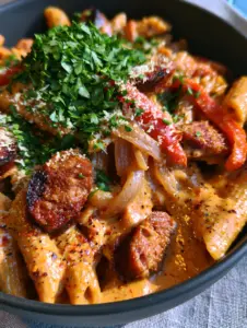 Macro photo showing the glossy sunset-orange sauce and charred mahogany edges of andouille in the cajun sausage pasta.