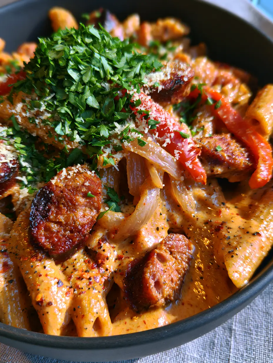 Macro photo showing the glossy sunset-orange sauce and charred mahogany edges of andouille in the cajun sausage pasta.