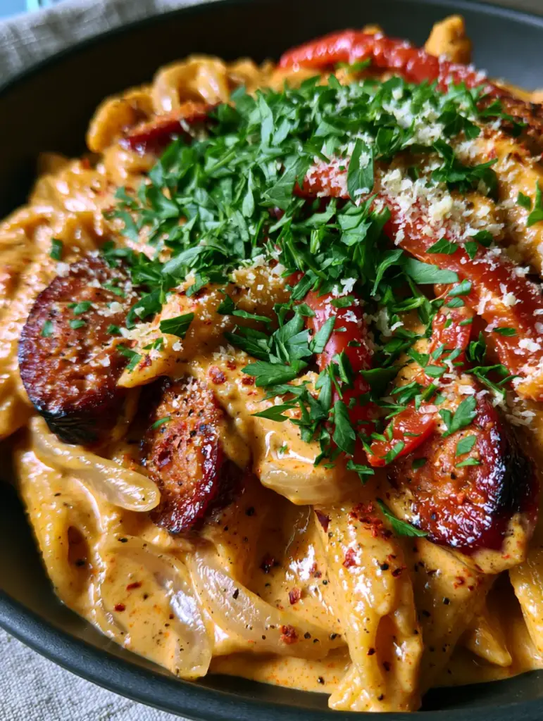 Overhead view of cajun sausage pasta garnished with fresh parsley and micro-grated parmesan cheese.