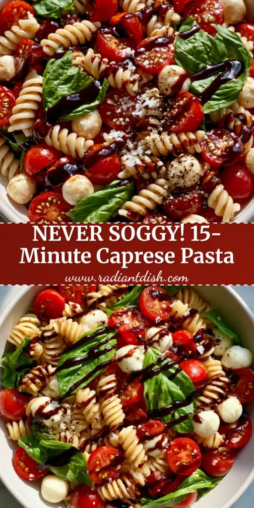 A top-down view of Caprese Pasta Salad with rotini, cherry tomatoes, and mozzarella pearls drizzled with balsamic glaze in a matte white bowl.