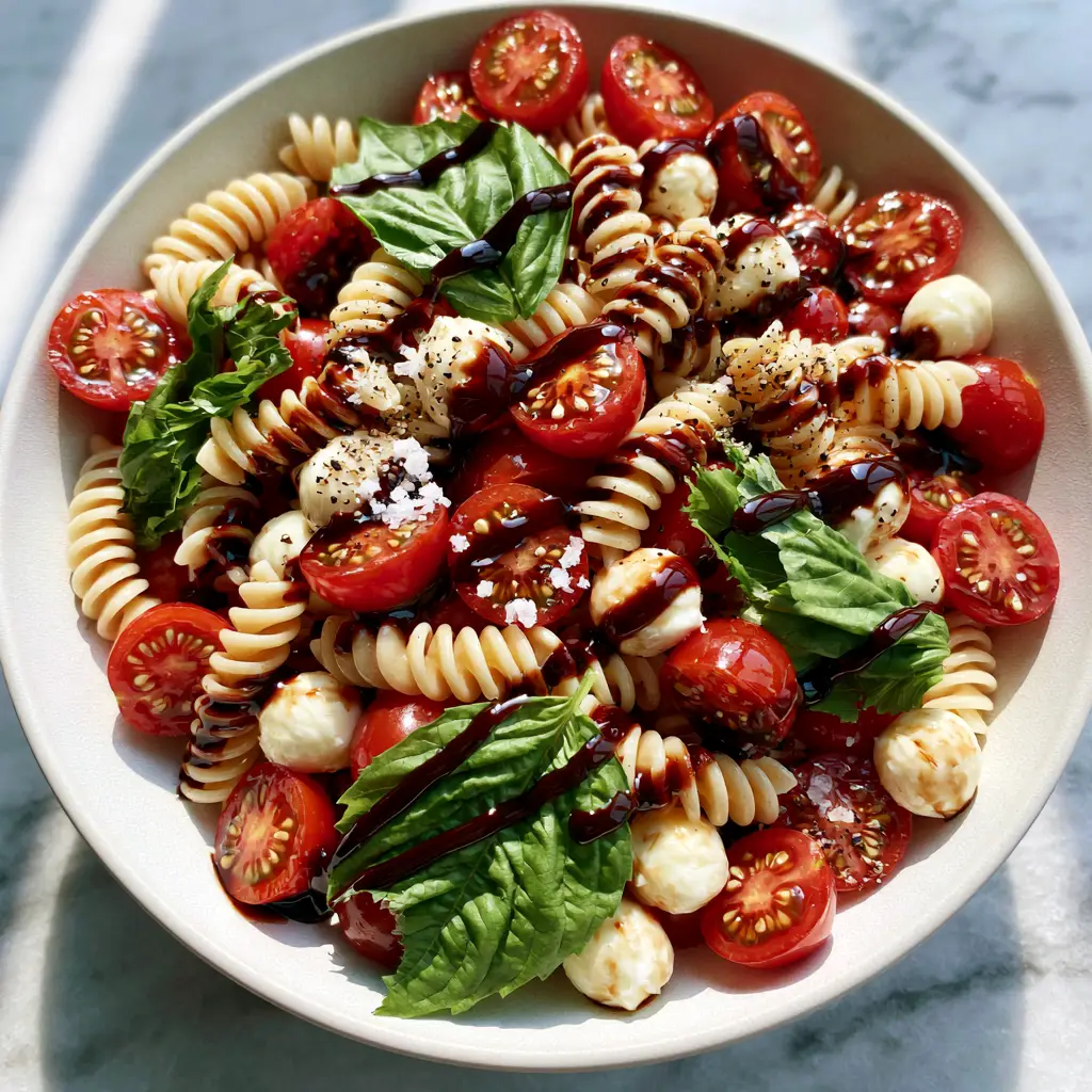 Close-up of Caprese Pasta Salad showing the detail of al dente rotini spirals and juicy halved cherry tomatoes with cracked black pepper.