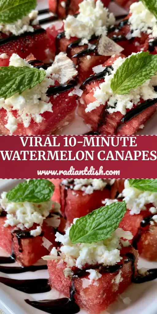 A minimalist platter featuring Watermelon Canapes recipe with feta, mint, and balsamic glaze drizzled in zig-zags.