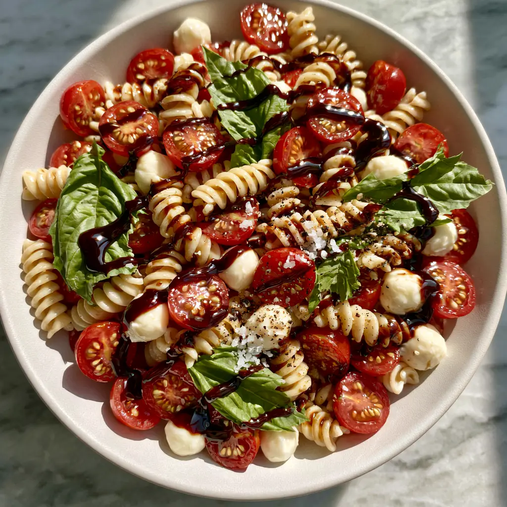 A shallow white bowl filled with Caprese Pasta Salad, highlighting the elegant zig-zag balsamic glaze ribbons and torn basil.