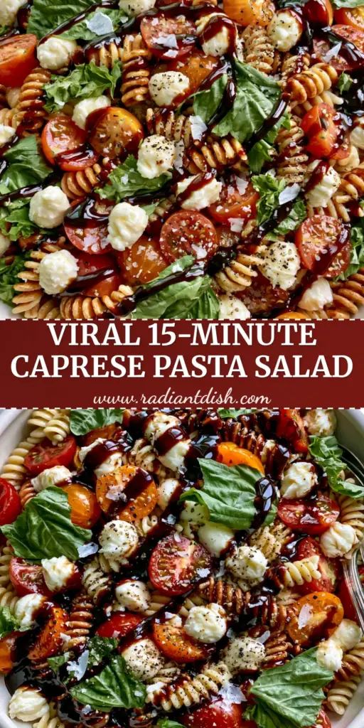 Top-down view of a Caprese pasta salad with fusilli, heirloom tomatoes, mozzarella pearls, and balsamic glaze ribbons. (Caprese pasta salad)