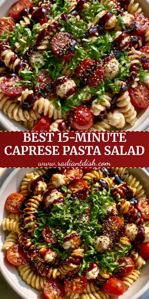 A vibrant caprese pasta salad in a white bowl featuring rotini, mozzarella pearls, cherry tomatoes, and a thick balsamic glaze drizzle on a marble counter. (caprese pasta salad)