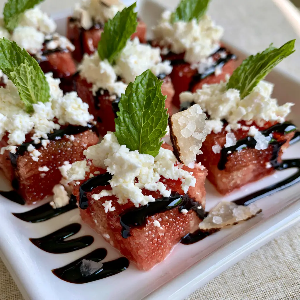 Juicy watermelon cubes on a white ceramic platter with sea salt flakes catching the light.