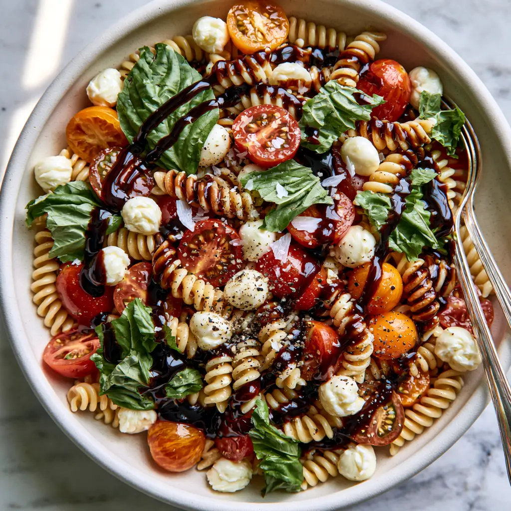 Overhead shot of bronze-cut fusilli pasta with vibrant red and orange tomatoes and mozzarella pearls. (Caprese pasta salad)