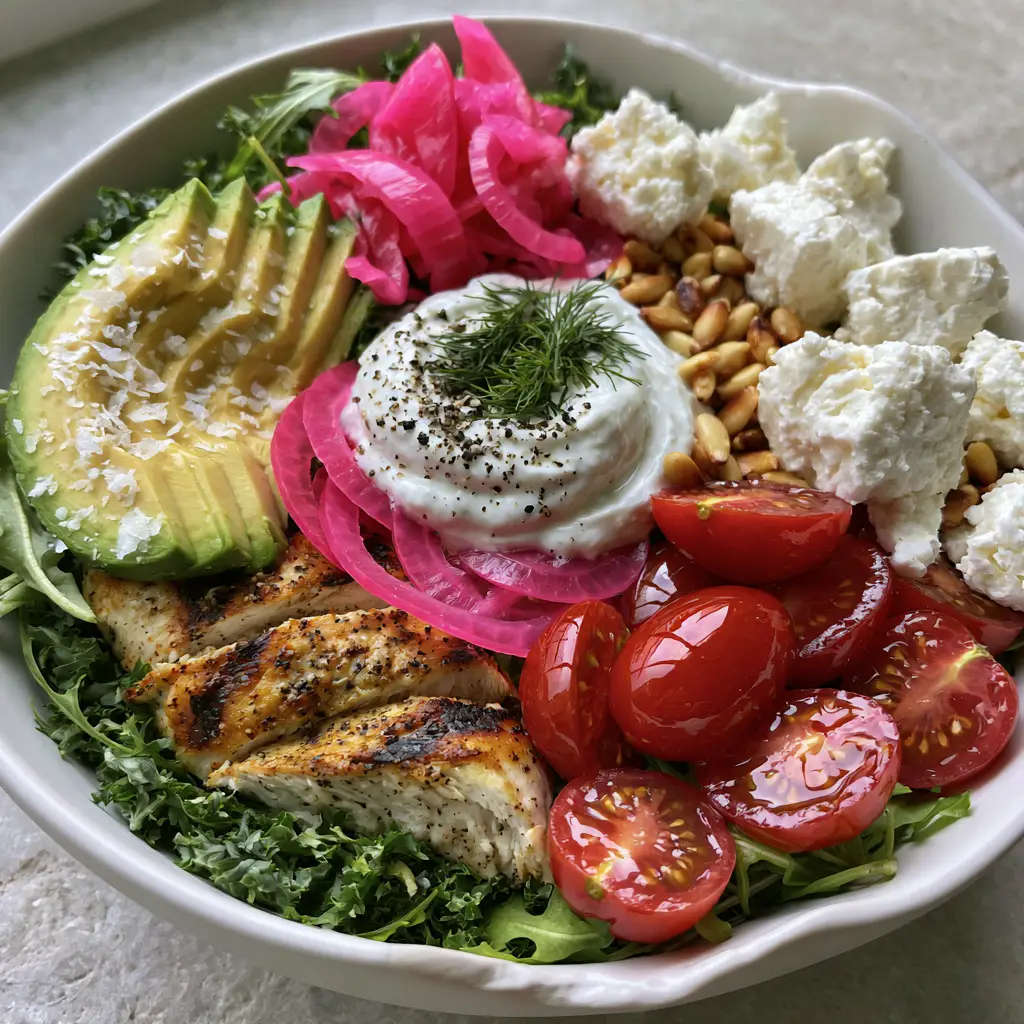 A vibrant Mediterranean bowl with emerald kale, ruby tomatoes, and creamy tzatziki representing fresh summer dinner ideas.