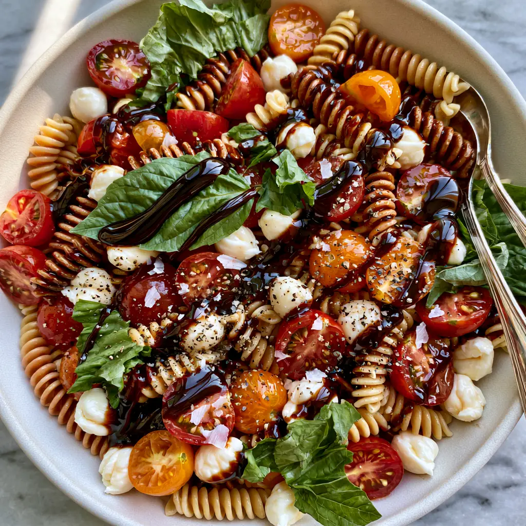 Close up of glossy balsamic glaze drizzled over a fresh Caprese pasta salad on a marble background.