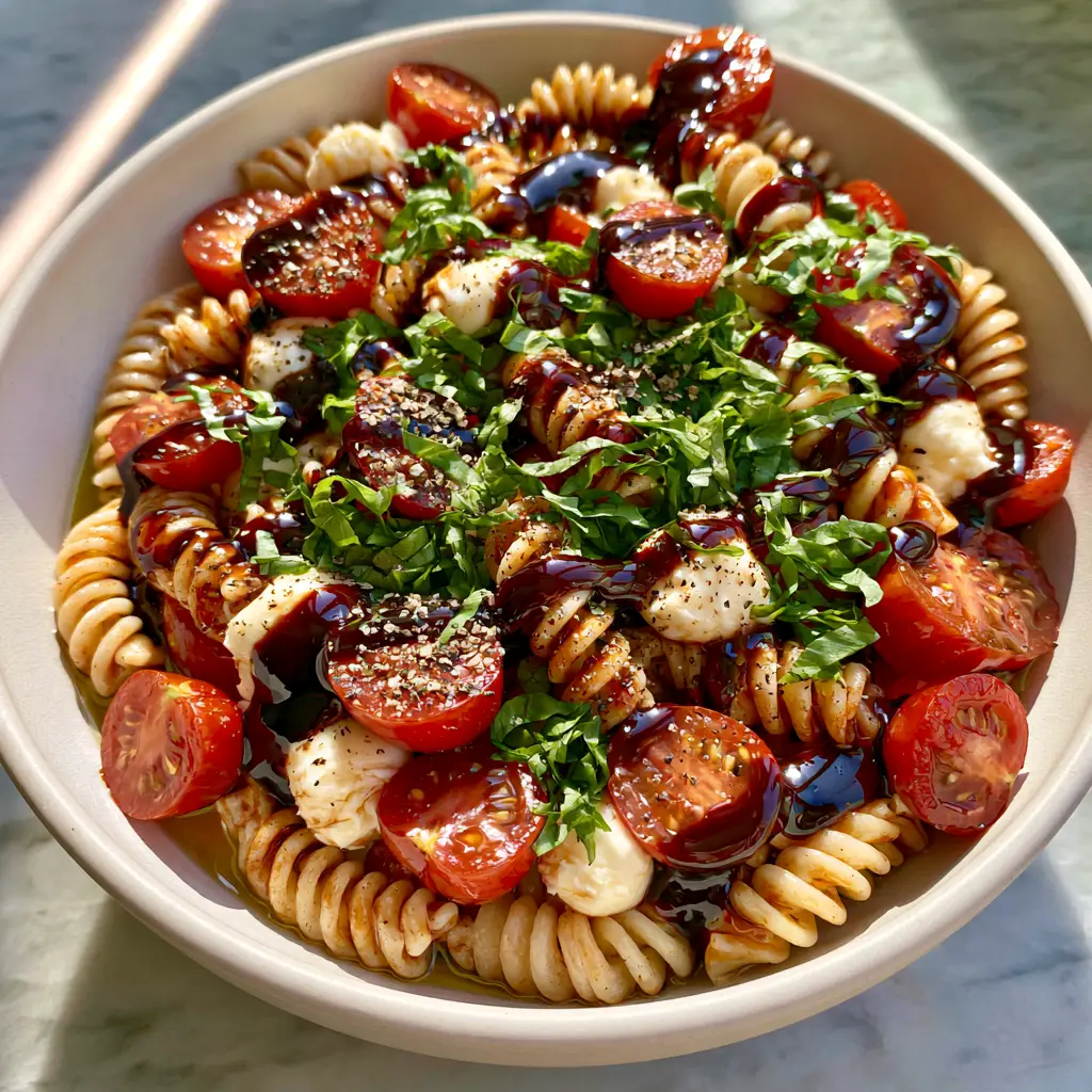 Top-down view of caprese pasta salad showing the textures of the rotini spirals and the mahogany balsamic drizzle. (caprese pasta salad)
