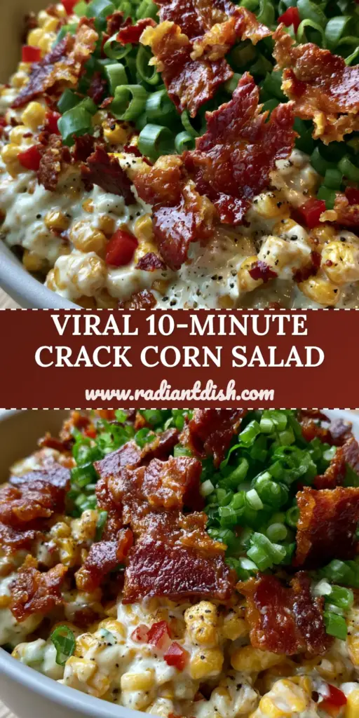 A close-up vertical shot of Crack Corn Salad in a matte white bowl, showing thick glossy dressing, crispy bacon shards, and bright green scallions.